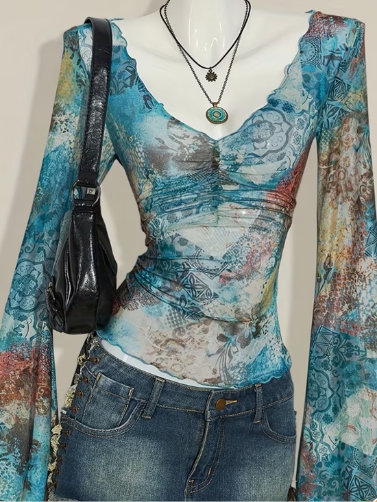 Tops - Blue Multi-Print V-Neck Sheer Long-Sleeve Top